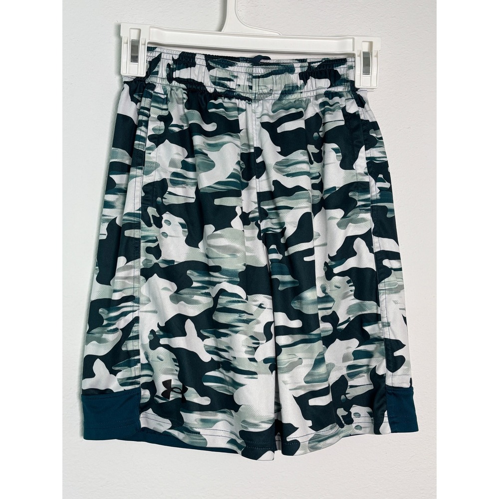 Under Armour Boys Camo Athletic Shorts Teal White Grey Loose Fit Size Medium YMD